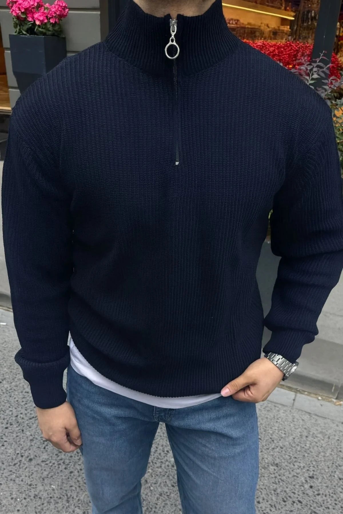 Erkek Yarım Fermuarlı Dik Yaka Kalın Kazak Triko - Livio Ferri