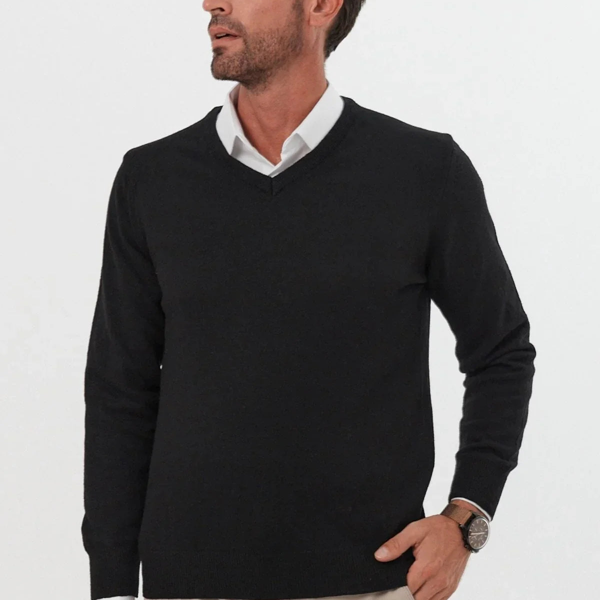 Erkek Yünlü Normal Kalıp V Yaka Standart Fit Triko Kazak - Livio Ferri