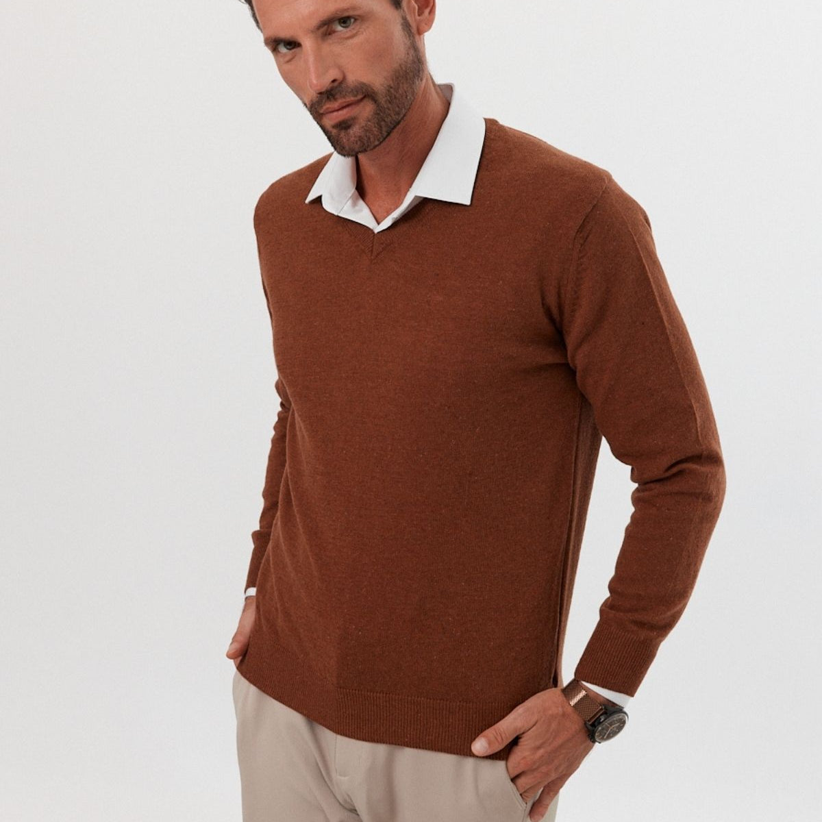 Erkek Yünlü Normal Kalıp V Yaka Standart Fit Triko Kazak