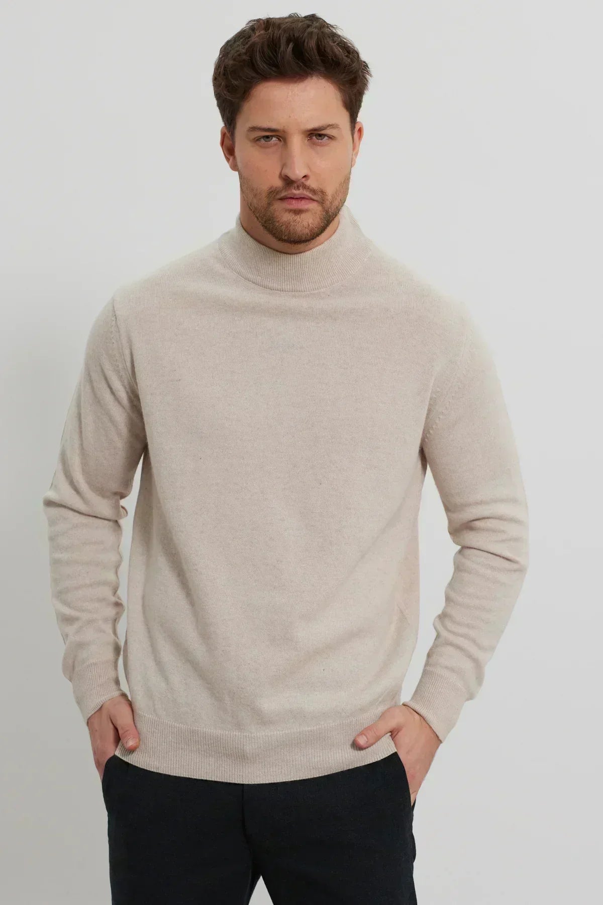 Erkek Yünlü Normal Kalıp Yarım Balıkçı Yaka Triko Kazak - Livio Ferri