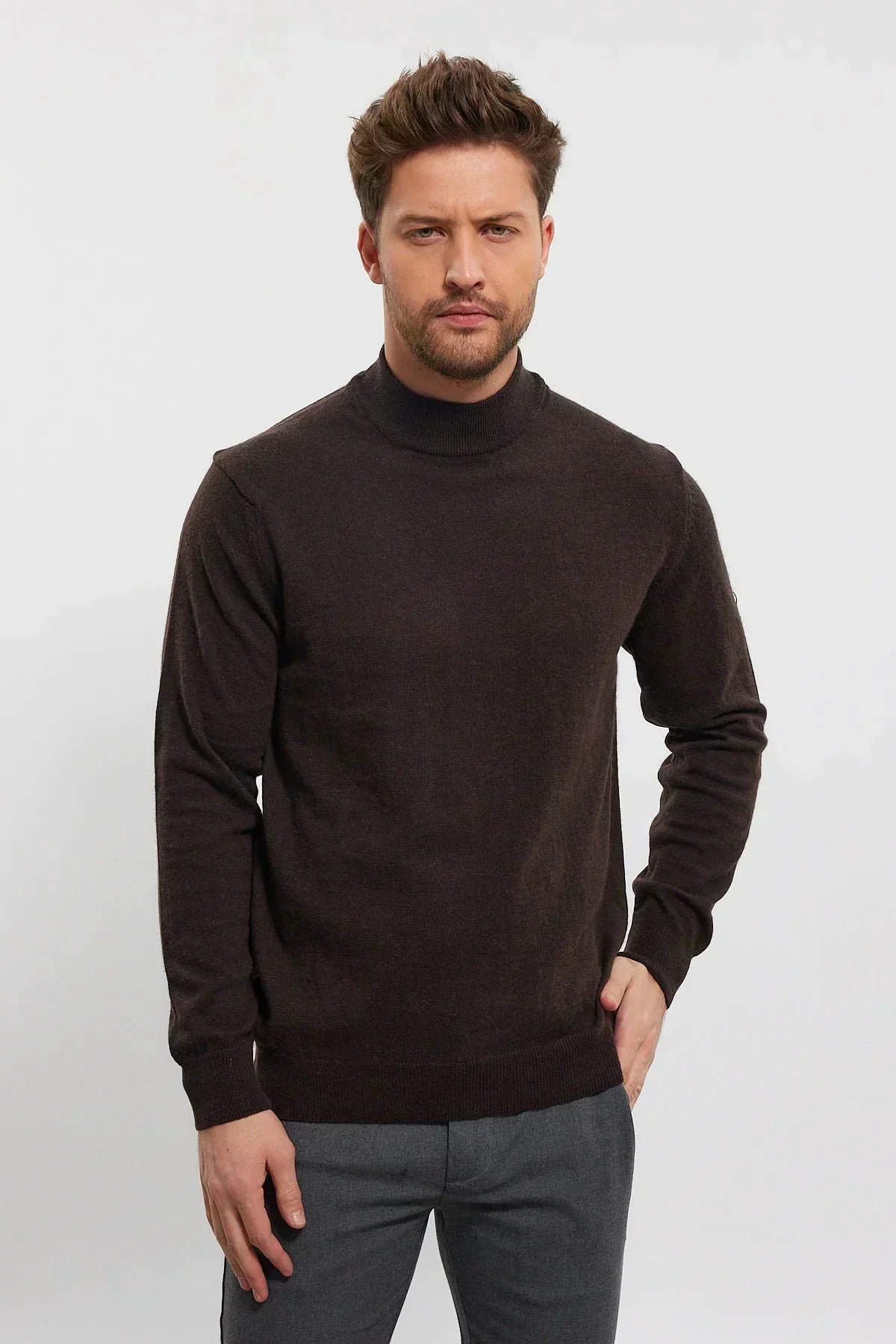 Erkek Yünlü Normal Kalıp Yarım Balıkçı Yaka Triko Kazak - Livio Ferri