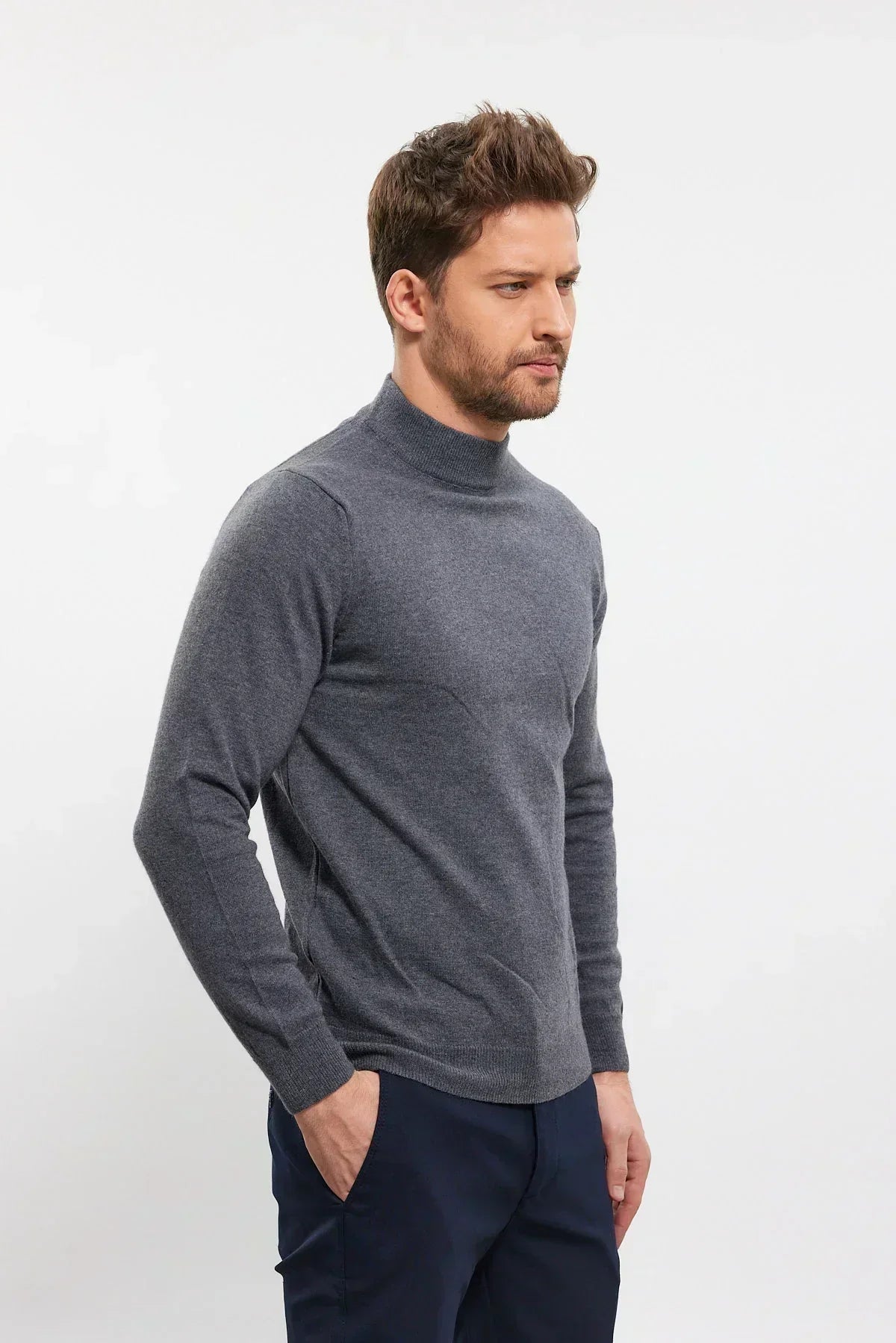 Erkek Yünlü Normal Kalıp Yarım Balıkçı Yaka Triko Kazak - Livio Ferri