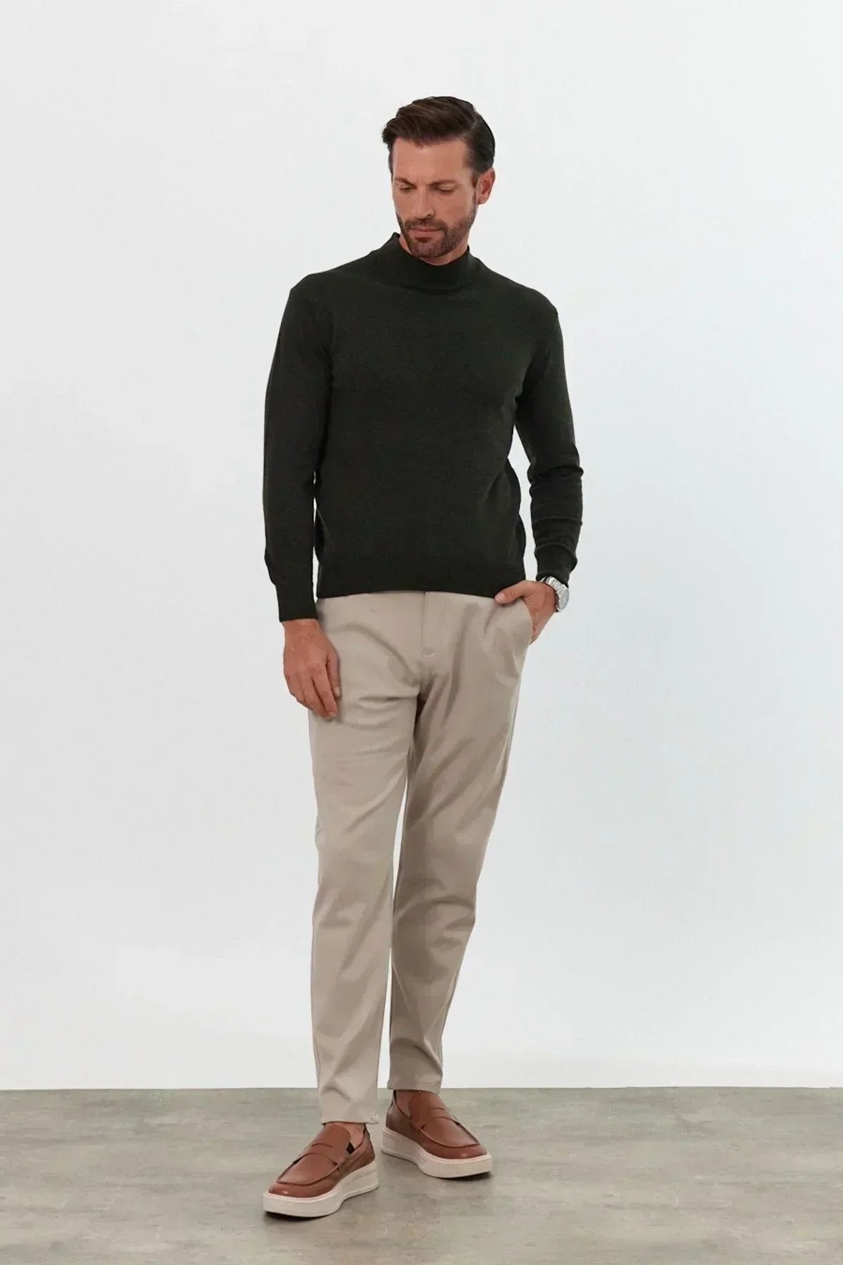 Erkek Yünlü Normal Kalıp Yarım Balıkçı Yaka Triko Kazak - Livio Ferri