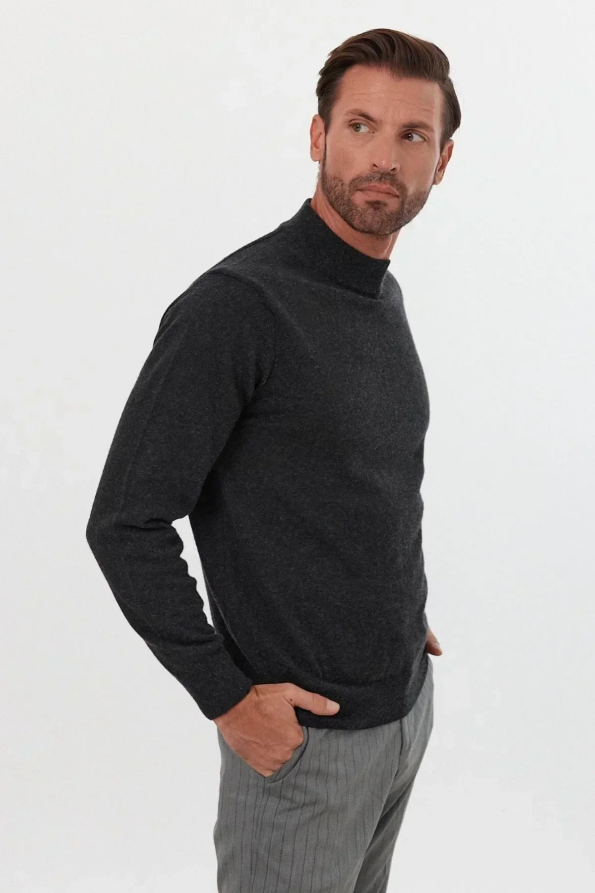 Erkek Yünlü Normal Kalıp Yarım Balıkçı Yaka Triko Kazak - Livio Ferri