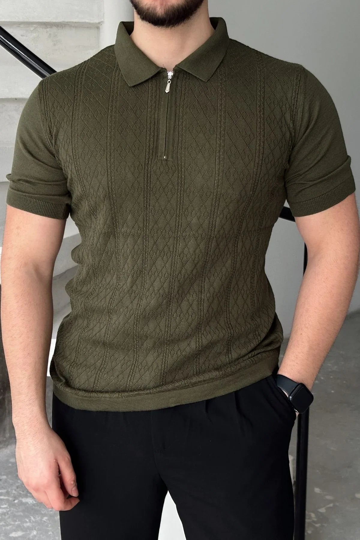 Eyik Erkek Polo Yaka Pamuk Desenli İnce Triko Tişört - Livio Ferri