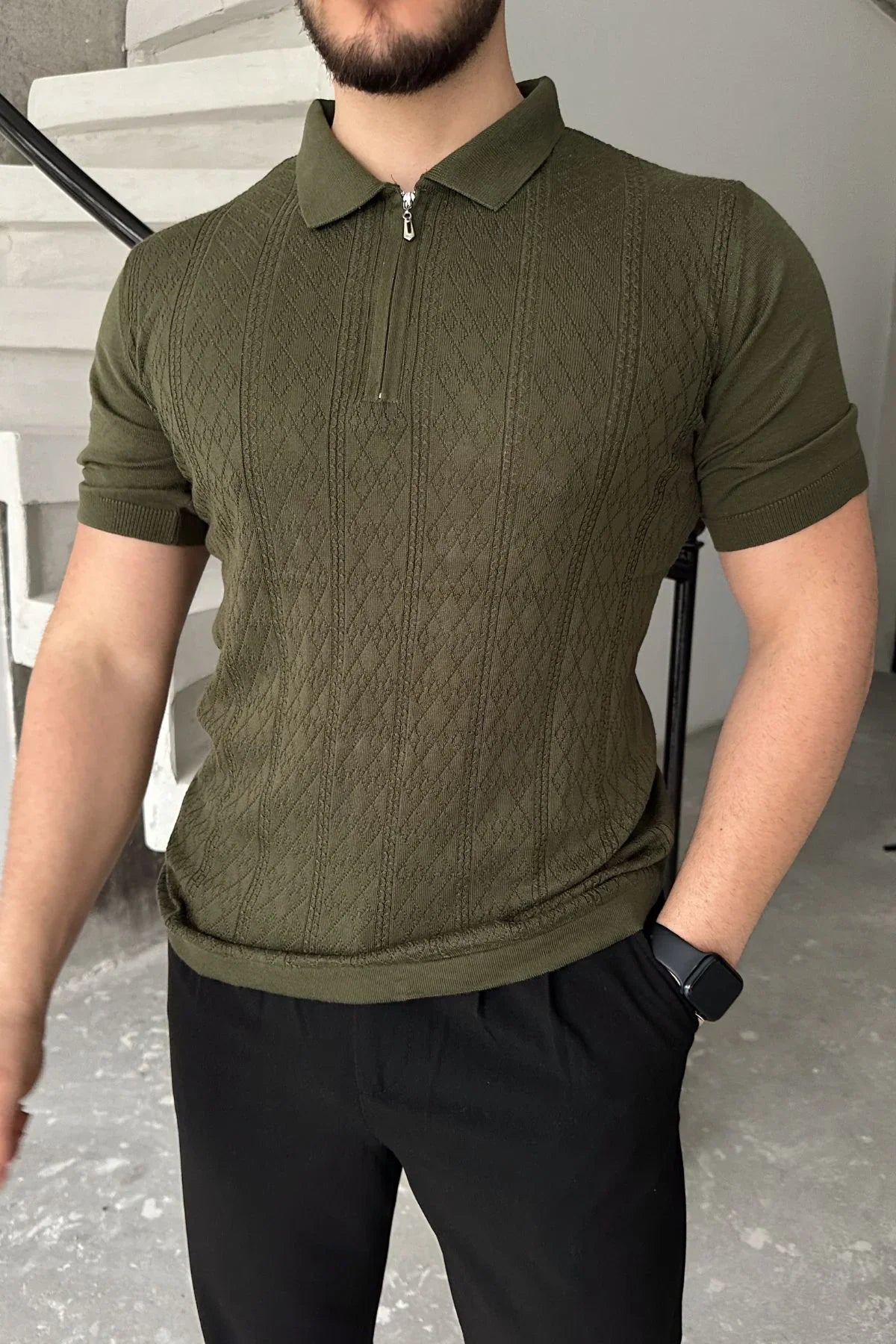 Eyik Erkek Polo Yaka Pamuk Desenli İnce Triko Tişört - Livio Ferri