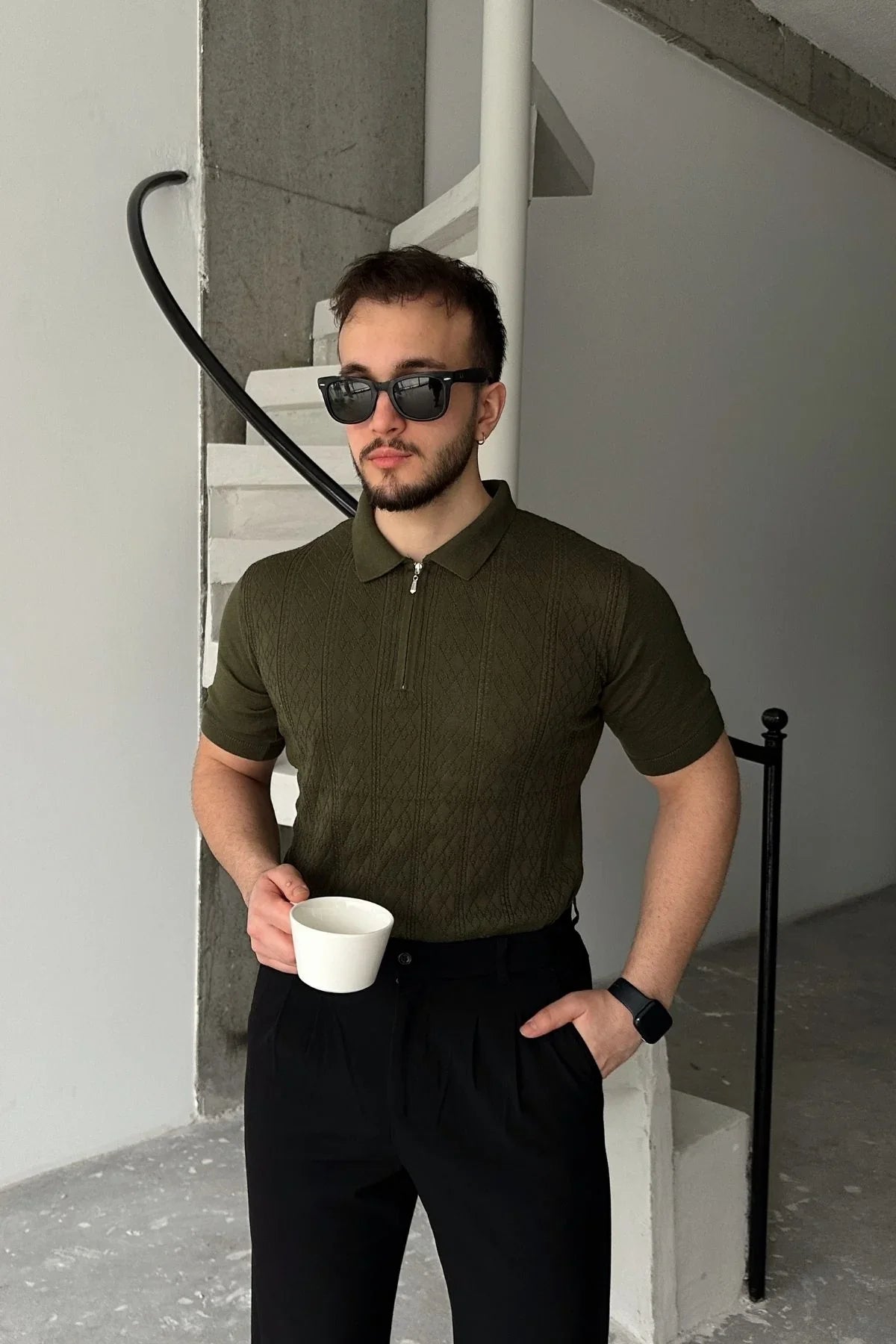 Eyik Erkek Polo Yaka Pamuk Desenli İnce Triko Tişört - Livio Ferri