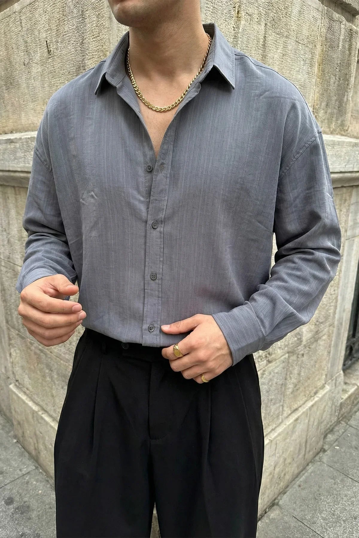 Hive Premium Oversize Erkek Gömlek Kendinden Çizgili - Livio Ferri
