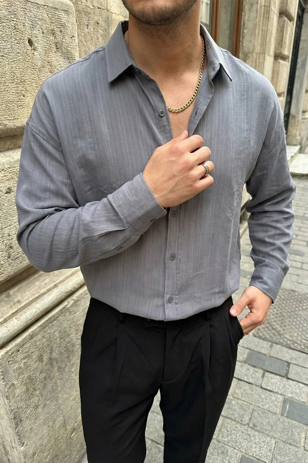 Hive Premium Oversize Erkek Gömlek Kendinden Çizgili - Livio Ferri