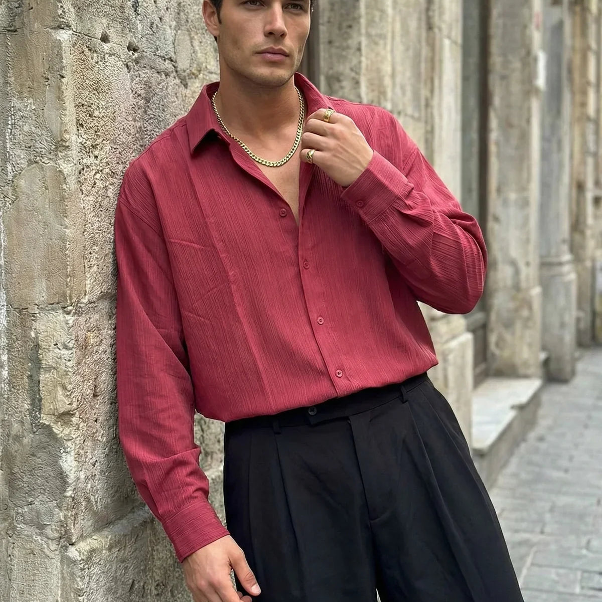 Hive Premium Oversize Erkek Gömlek Kendinden Çizgili - Livio Ferri