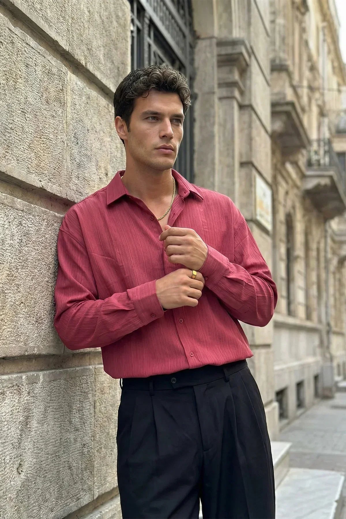 Hive Premium Oversize Erkek Gömlek Kendinden Çizgili - Livio Ferri