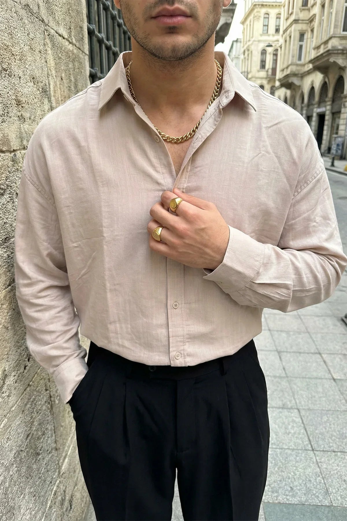 Hive Premium Oversize Erkek Gömlek Kendinden Çizgili - Livio Ferri