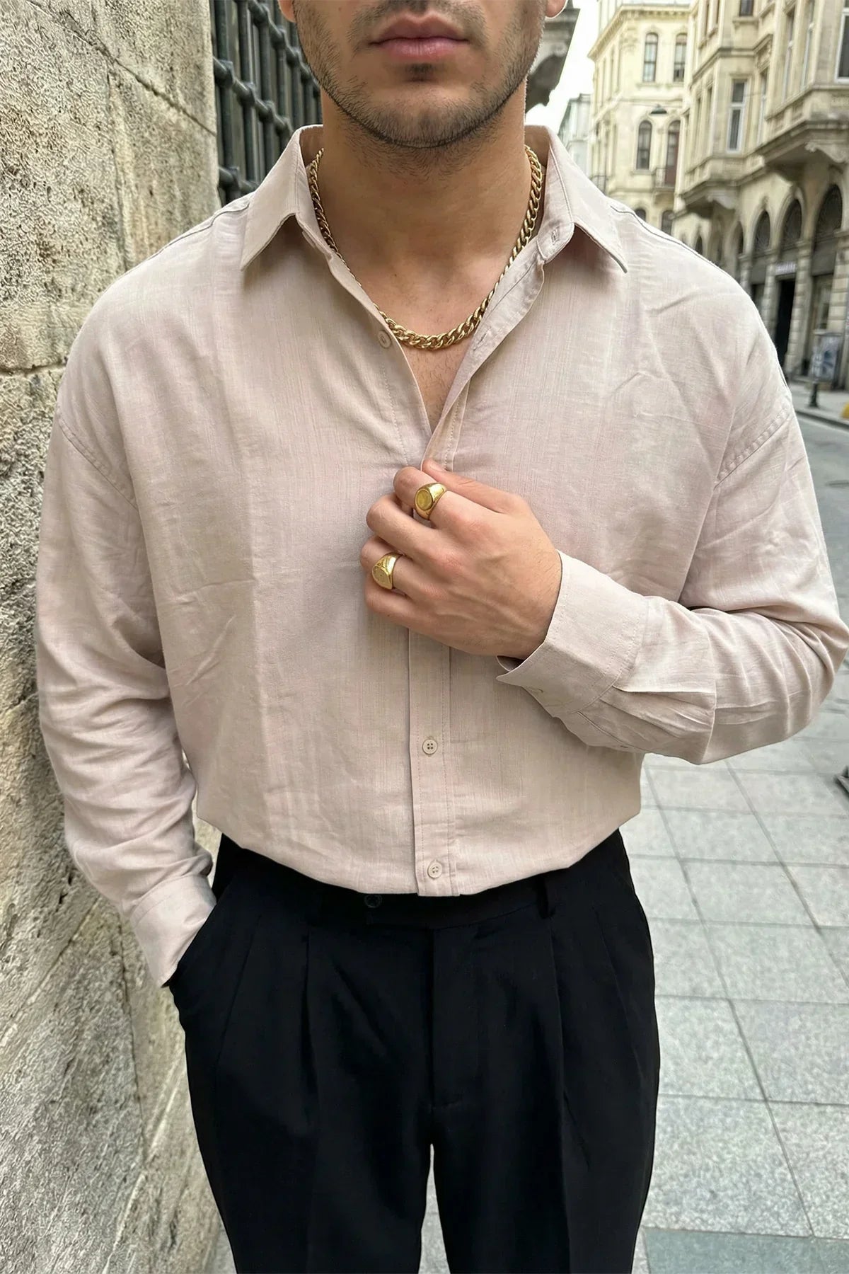 Hive Premium Oversize Erkek Gömlek Kendinden Çizgili - Livio Ferri