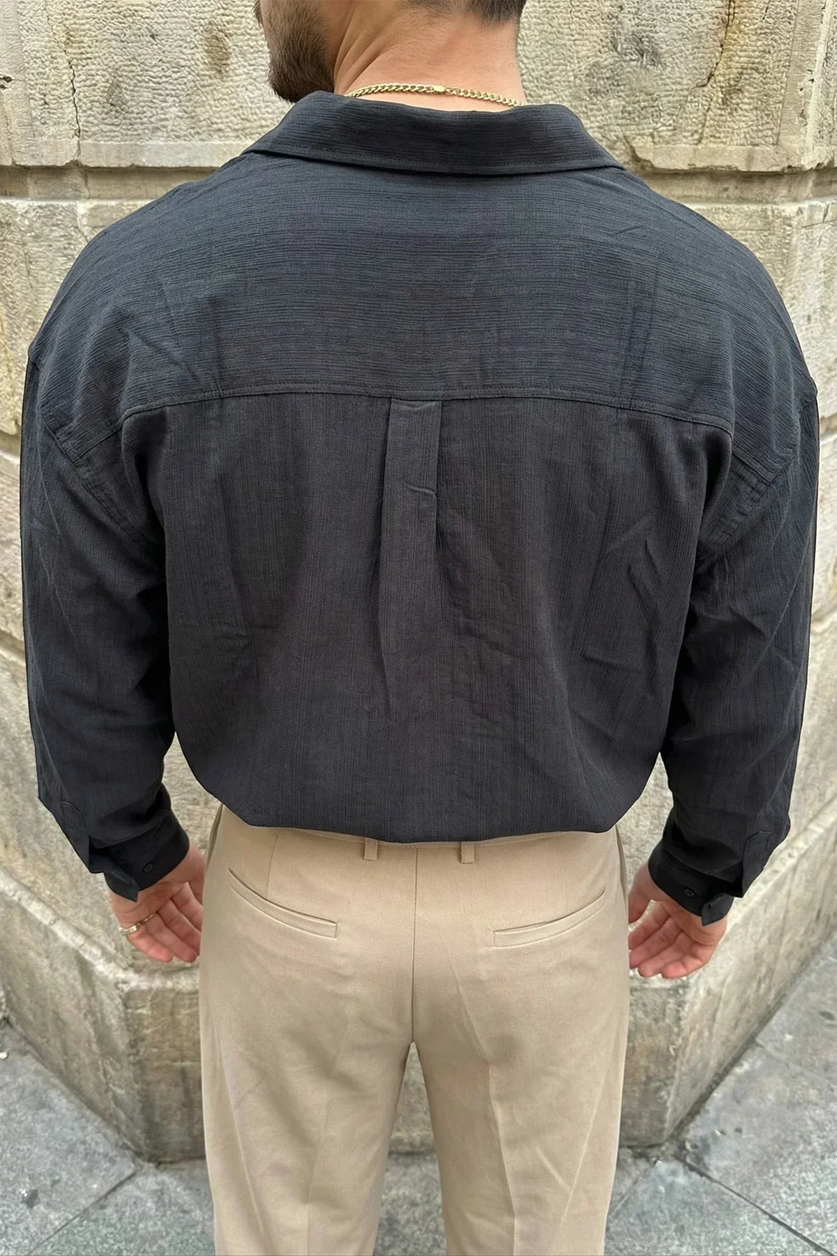 Hive Premium Oversize Erkek Gömlek Kendinden Çizgili - Livio Ferri
