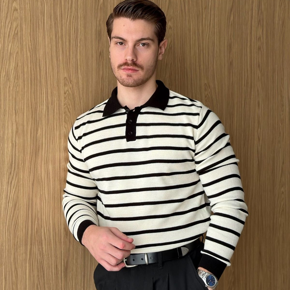 Kami Çift Renk Çizgili Düğmeli Polo Yaka Regular Fit Erkek Triko Kazak