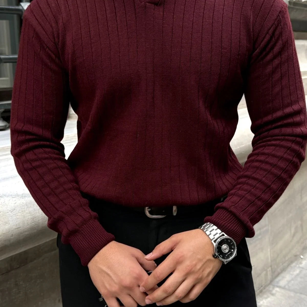 Kimi Fitilli Erkek Triko Polo Yaka Regular Kalıp Uzun Kollu Tişört