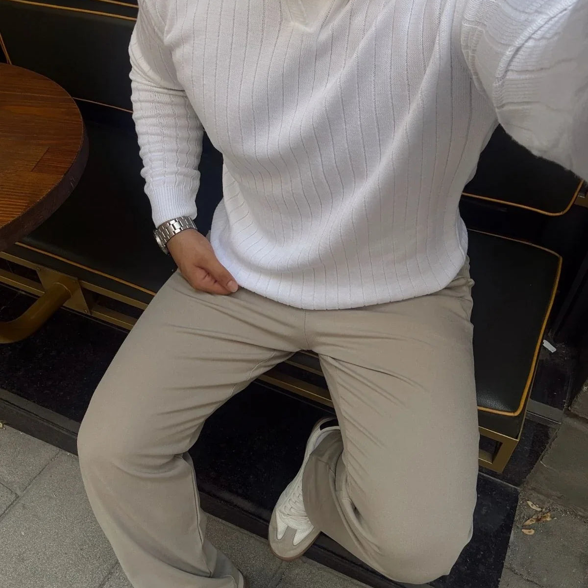 Kimi Fitilli Erkek Triko Polo Yaka Regular Kalıp Uzun Kollu Tişört