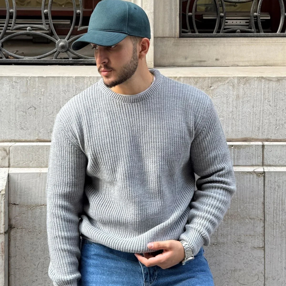 Koba Erkek Selanik Örgü Oversize Bisiklet Yaka Kalın Kazak