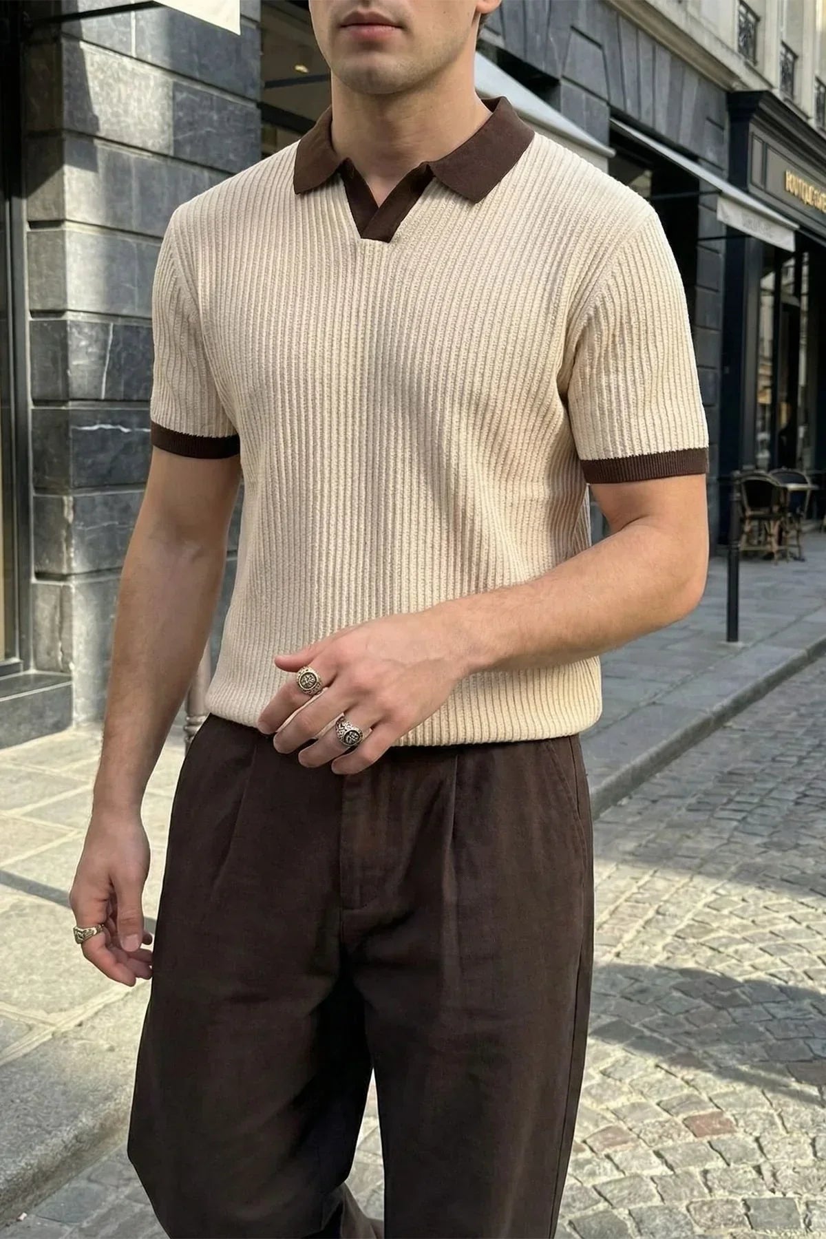 Köyten Regular Fit Erkek Kısa Kol Triko Polo Yaka Tişört Çizgili Dokulu - Livio Ferri