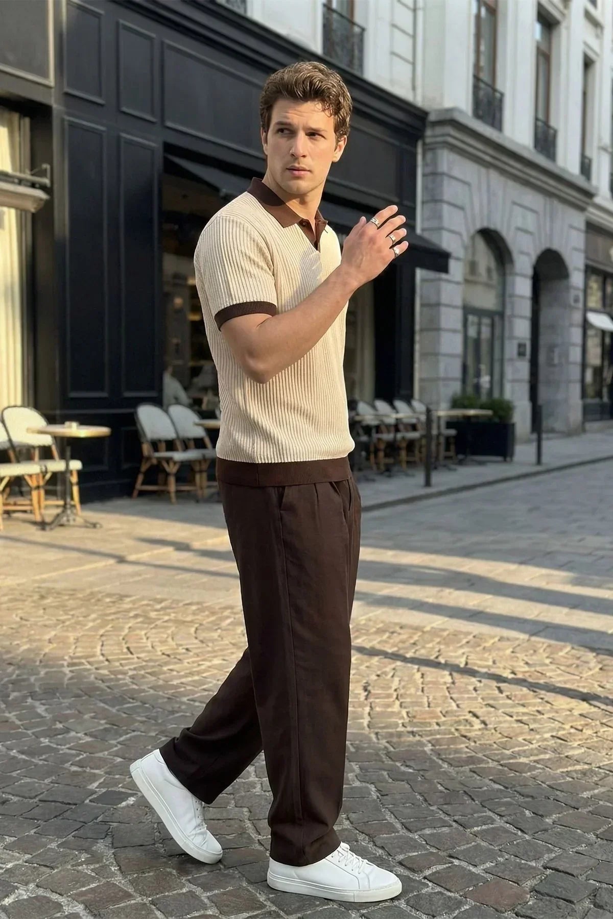 Köyten Regular Fit Erkek Kısa Kol Triko Polo Yaka Tişört Çizgili Dokulu - Livio Ferri