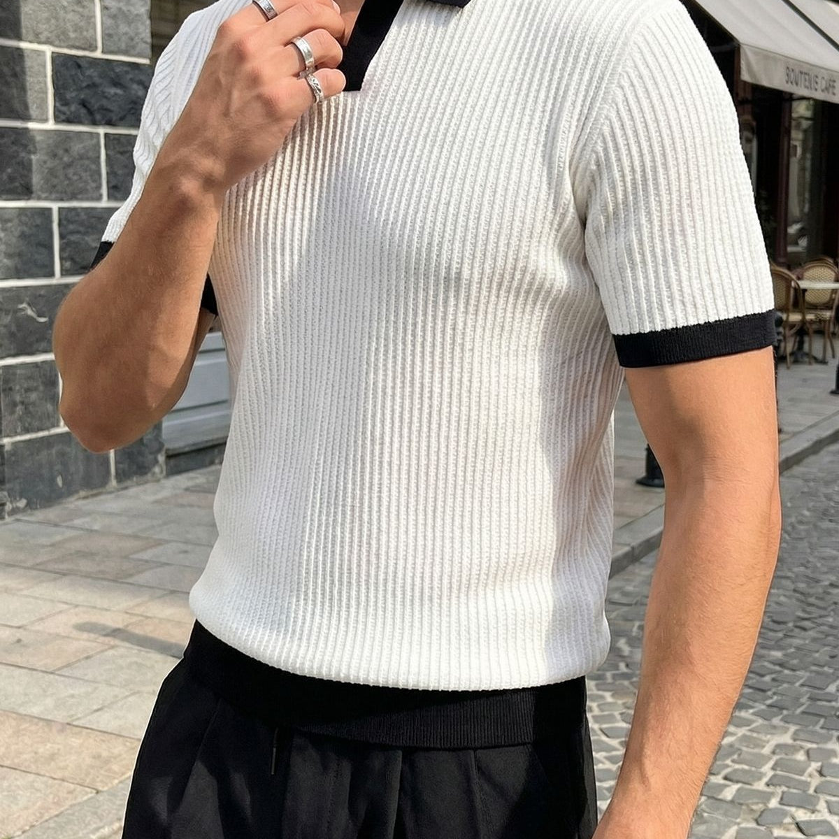 Köyten Regular Fit Erkek Kısa Kol Triko Polo Yaka Tişört Çizgili Dokulu
