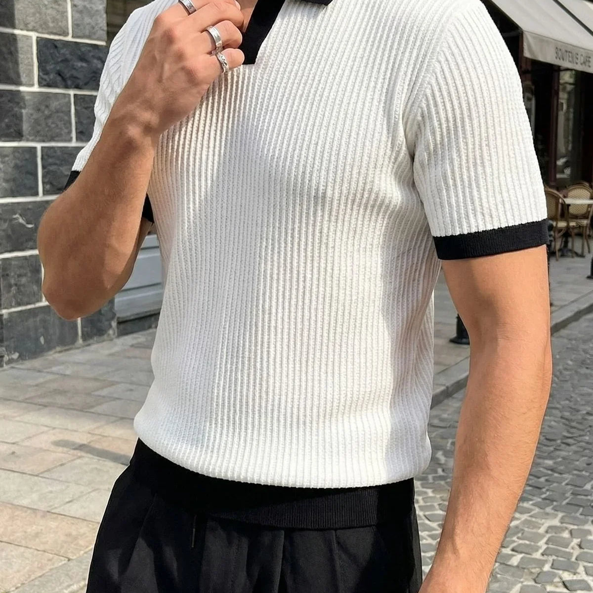Köyten Regular Fit Erkek Kısa Kol Triko Polo Yaka Tişört Çizgili Dokulu