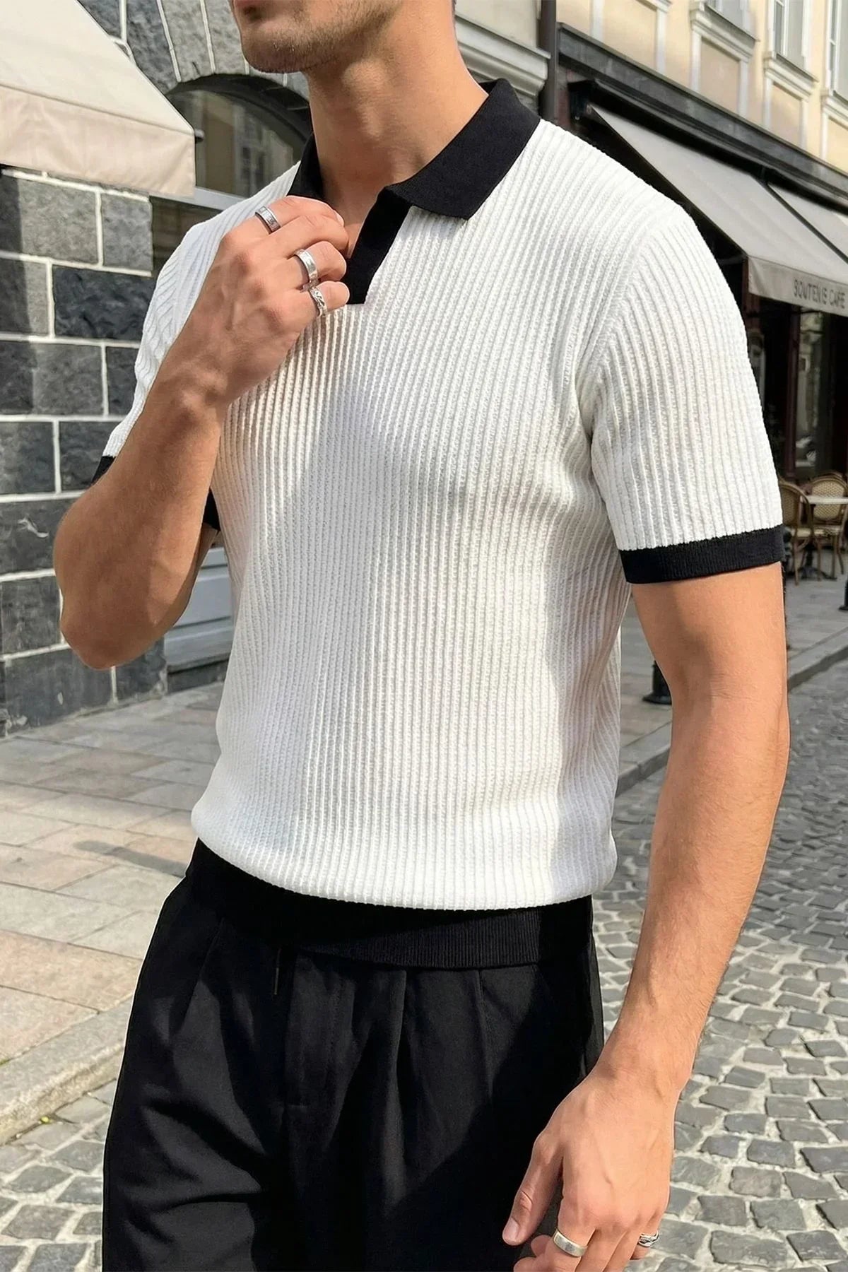 Köyten Regular Fit Erkek Kısa Kol Triko Polo Yaka Tişört Çizgili Dokulu - Livio Ferri