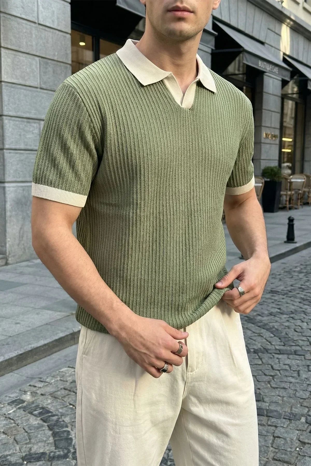 Köyten Regular Fit Erkek Kısa Kol Triko Polo Yaka Tişört Çizgili Dokulu - Livio Ferri