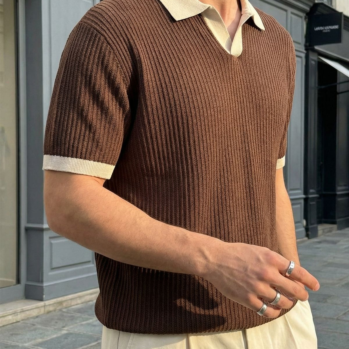 Köyten Regular Fit Erkek Kısa Kol Triko Polo Yaka Tişört Çizgili Dokulu