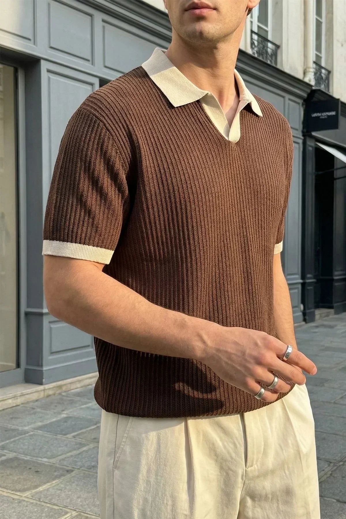 Köyten Regular Fit Erkek Kısa Kol Triko Polo Yaka Tişört Çizgili Dokulu - Livio Ferri