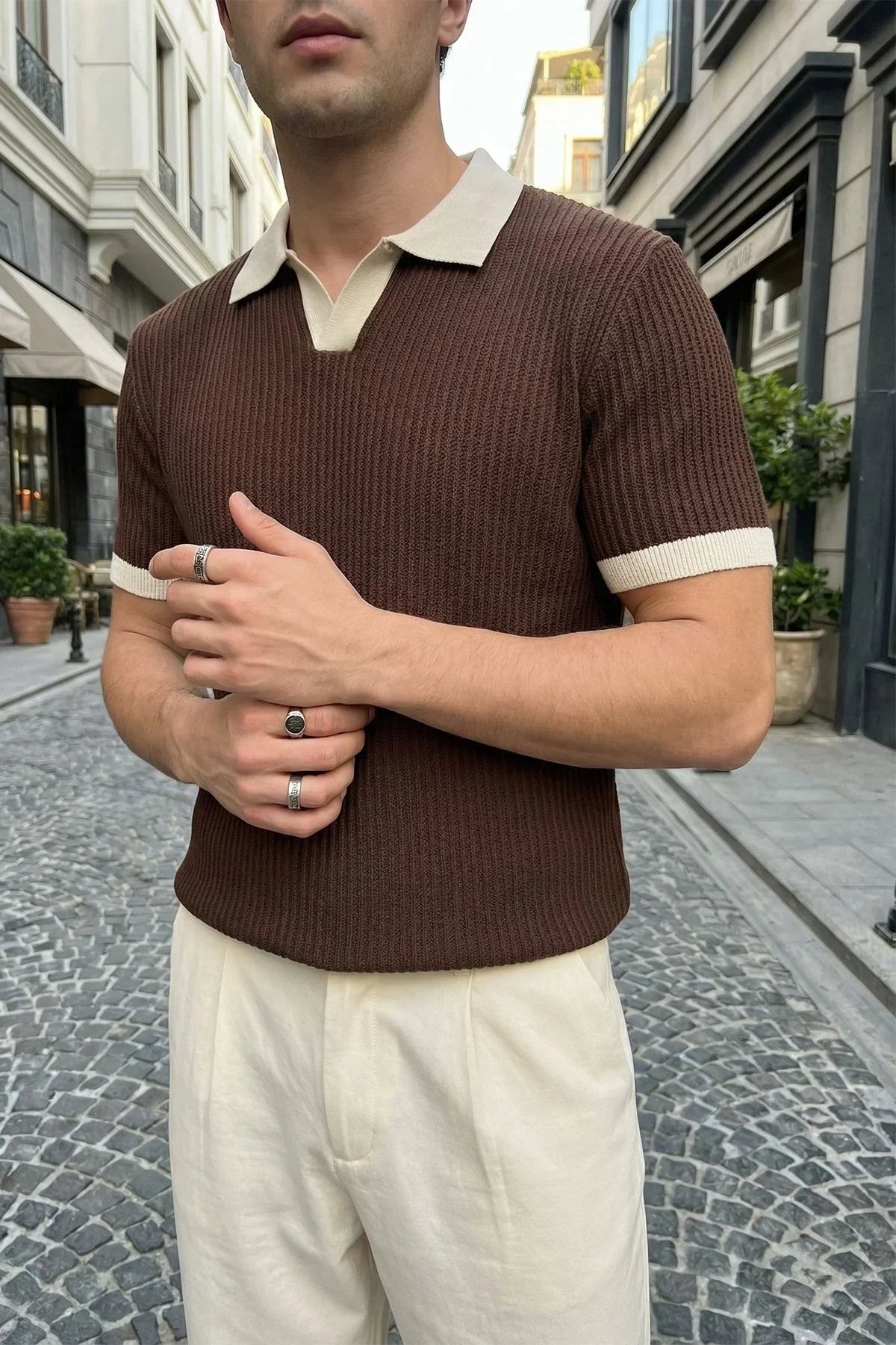 Köyten Regular Fit Erkek Kısa Kol Triko Polo Yaka Tişört Çizgili Dokulu - Livio Ferri