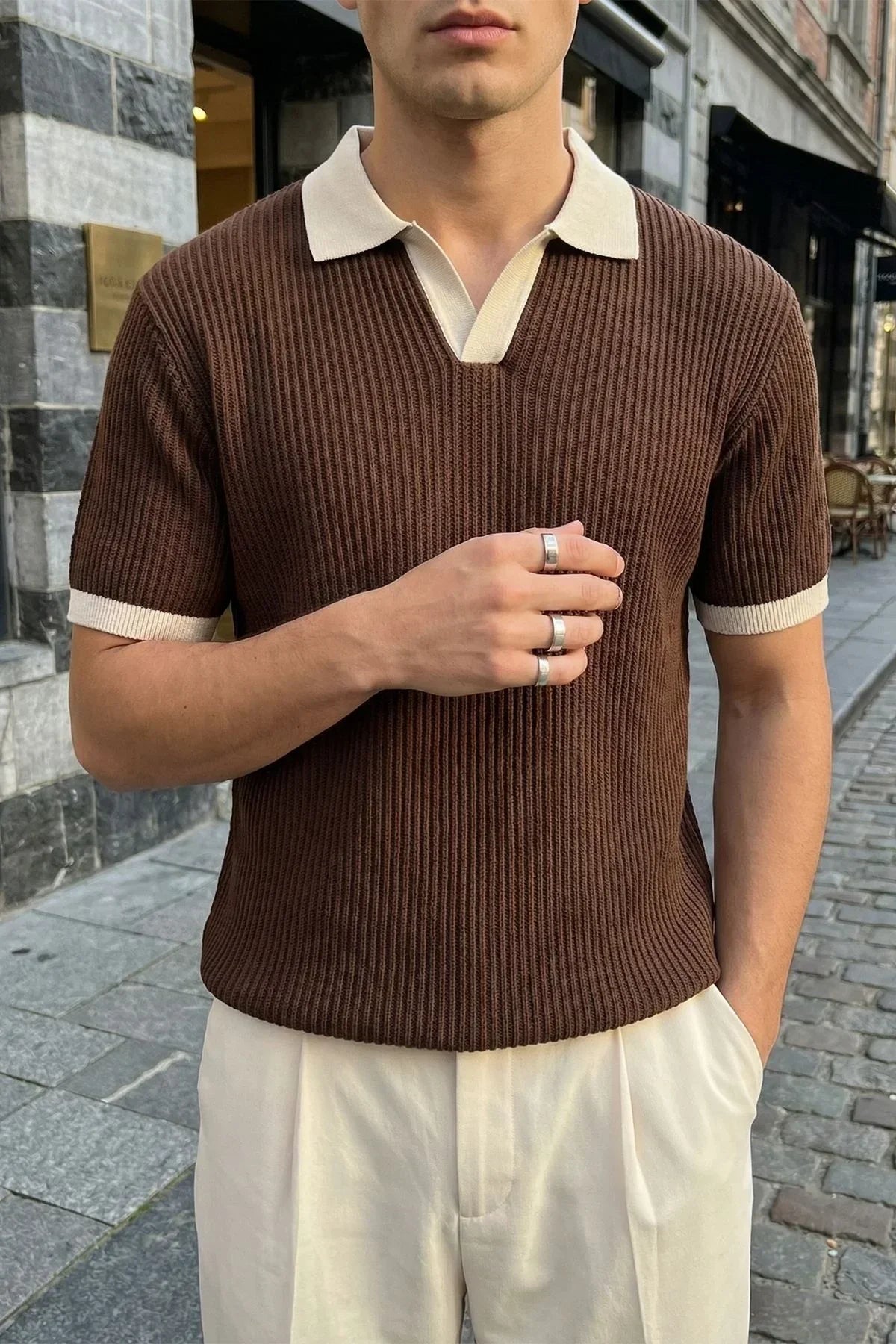 Köyten Regular Fit Erkek Kısa Kol Triko Polo Yaka Tişört Çizgili Dokulu - Livio Ferri