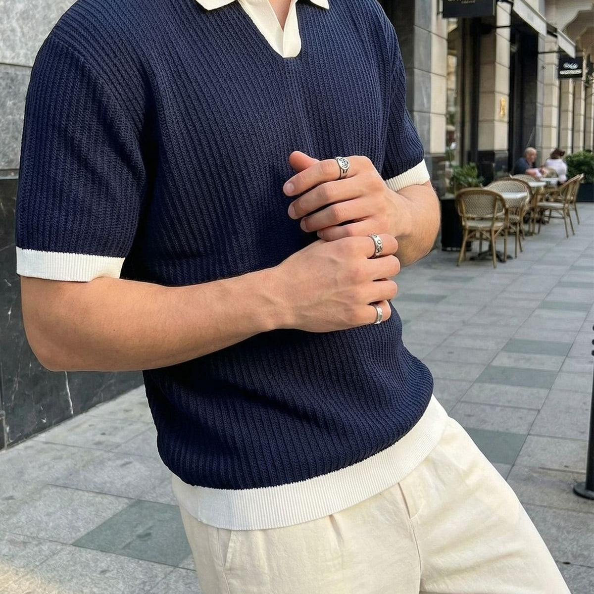 Köyten Regular Fit Erkek Kısa Kol Triko Polo Yaka Tişört Çizgili Dokulu