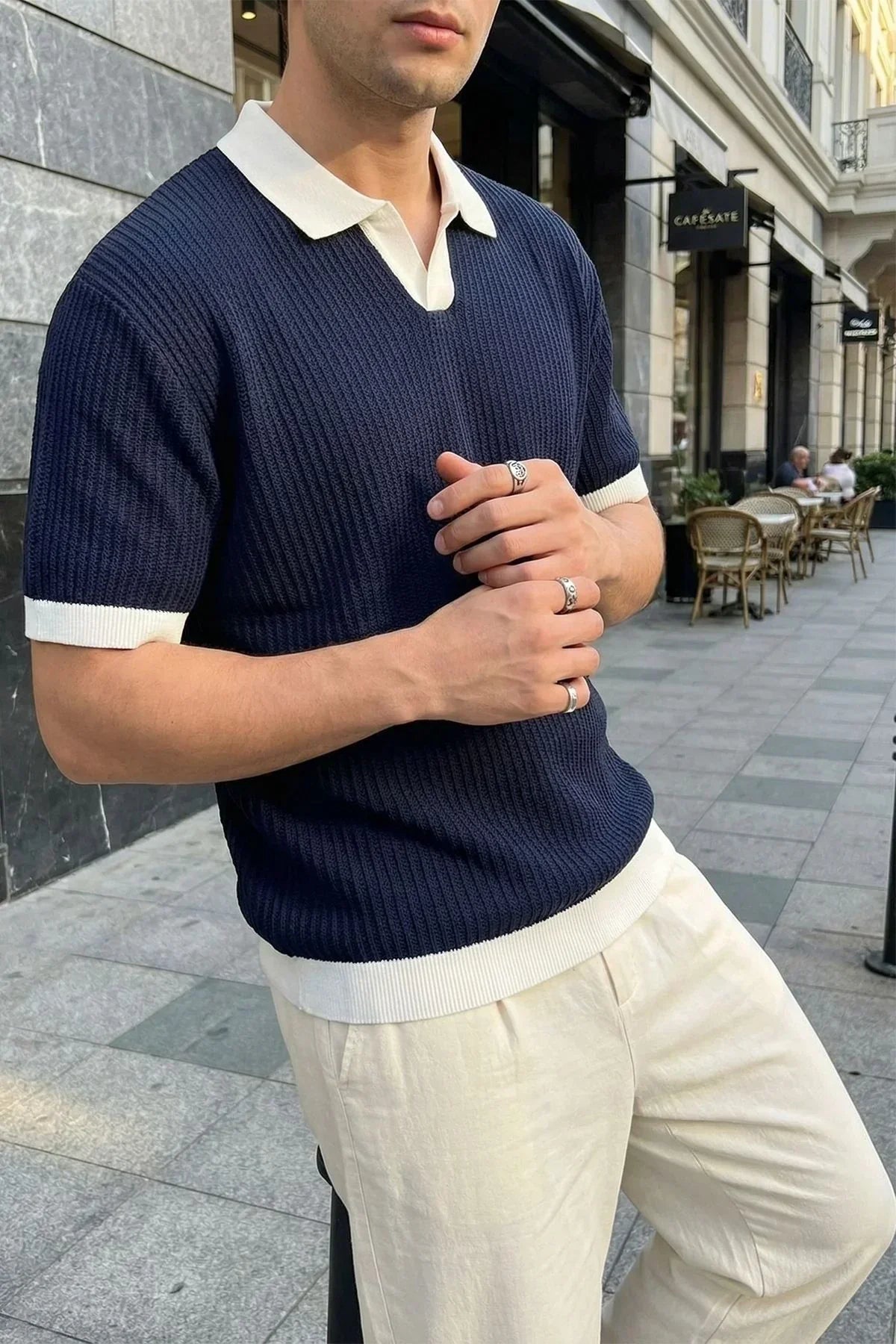 Köyten Regular Fit Erkek Kısa Kol Triko Polo Yaka Tişört Çizgili Dokulu - Livio Ferri