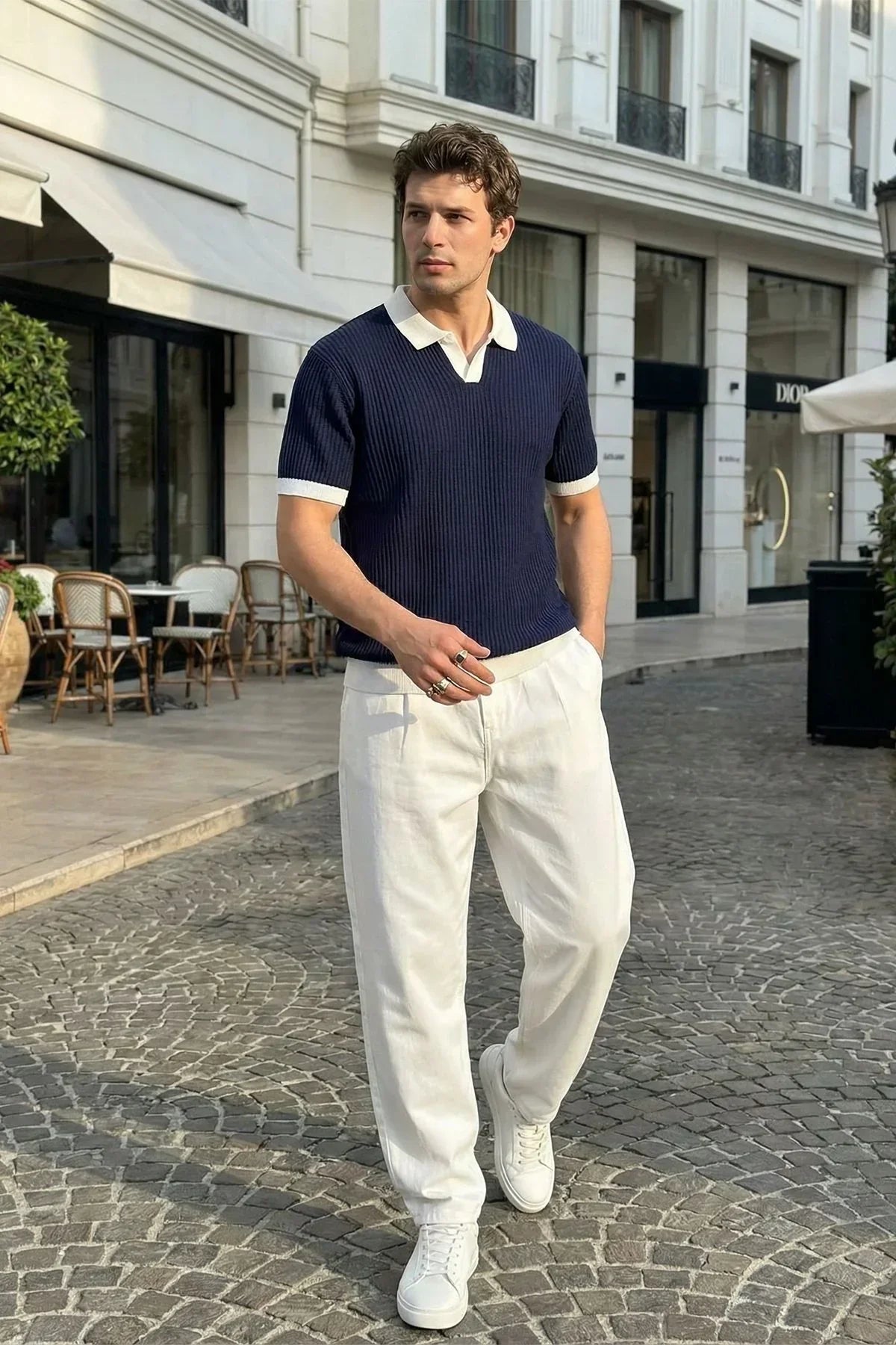 Köyten Regular Fit Erkek Kısa Kol Triko Polo Yaka Tişört Çizgili Dokulu - Livio Ferri