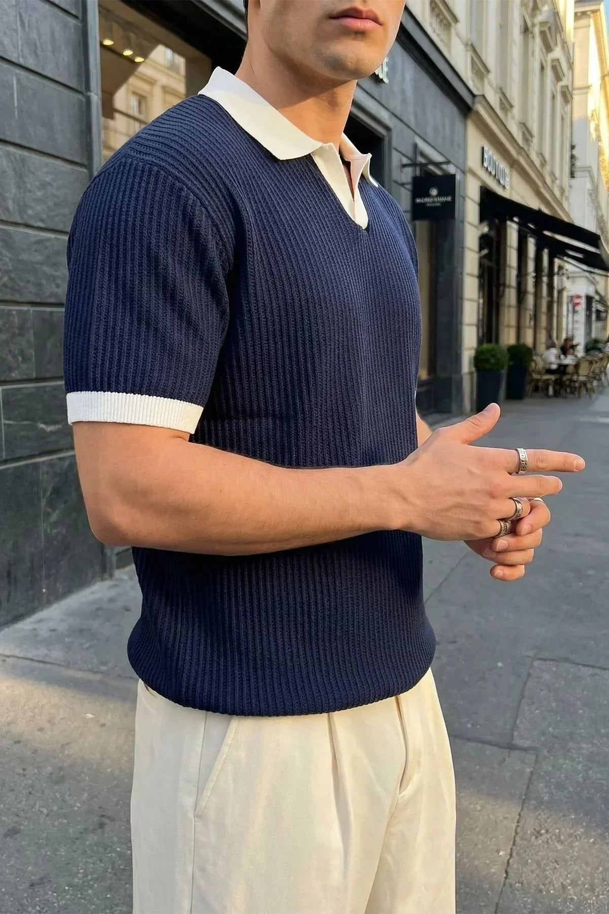 Köyten Regular Fit Erkek Kısa Kol Triko Polo Yaka Tişört Çizgili Dokulu - Livio Ferri