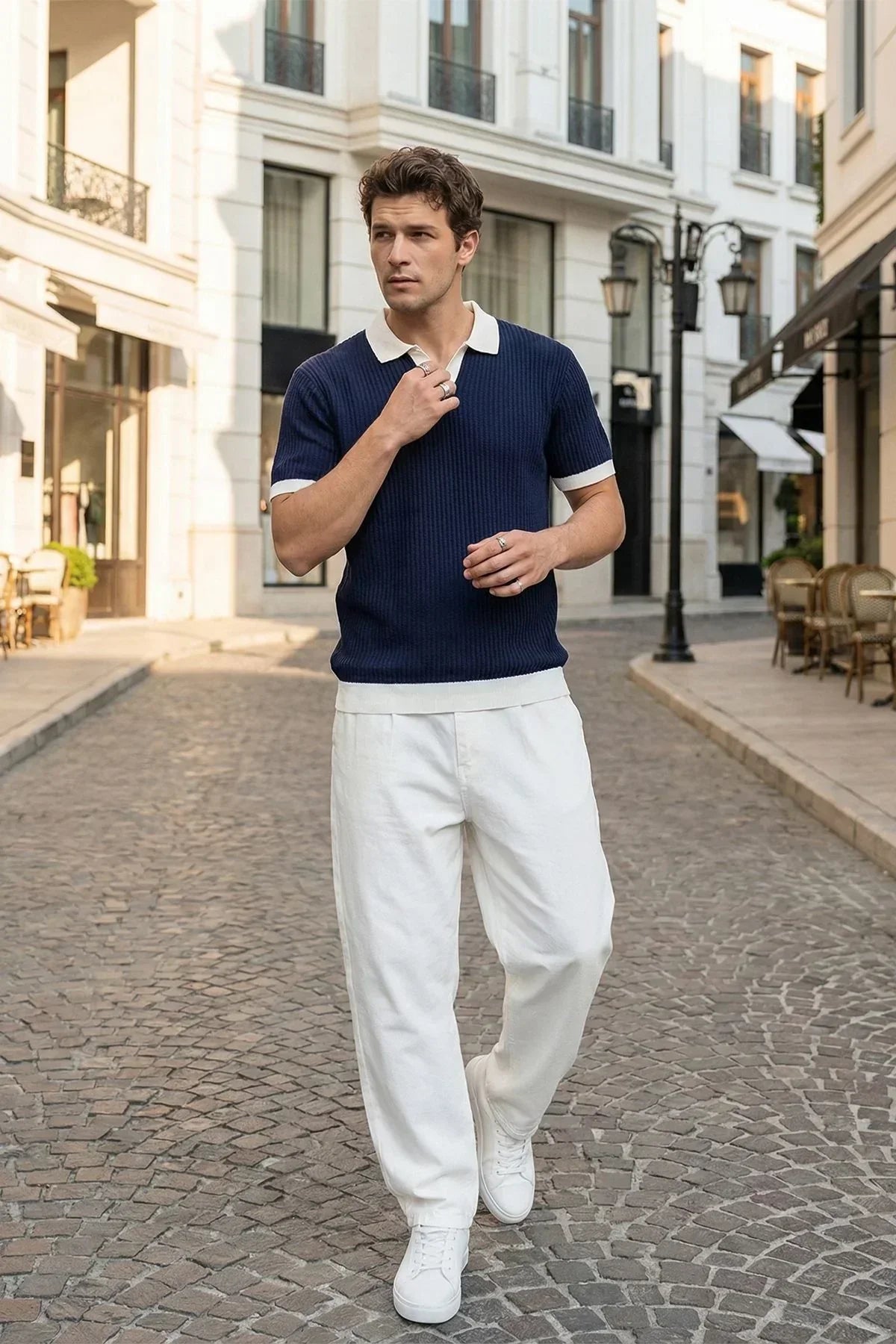 Köyten Regular Fit Erkek Kısa Kol Triko Polo Yaka Tişört Çizgili Dokulu - Livio Ferri