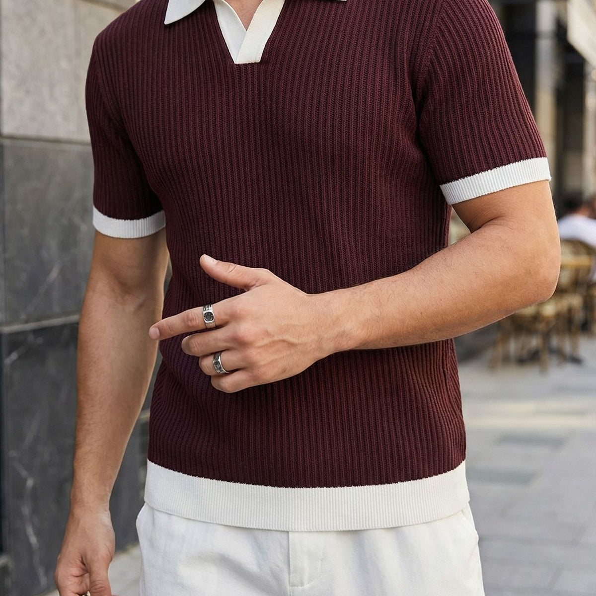 Köyten Regular Fit Erkek Kısa Kol Triko Polo Yaka Tişört Çizgili Dokulu