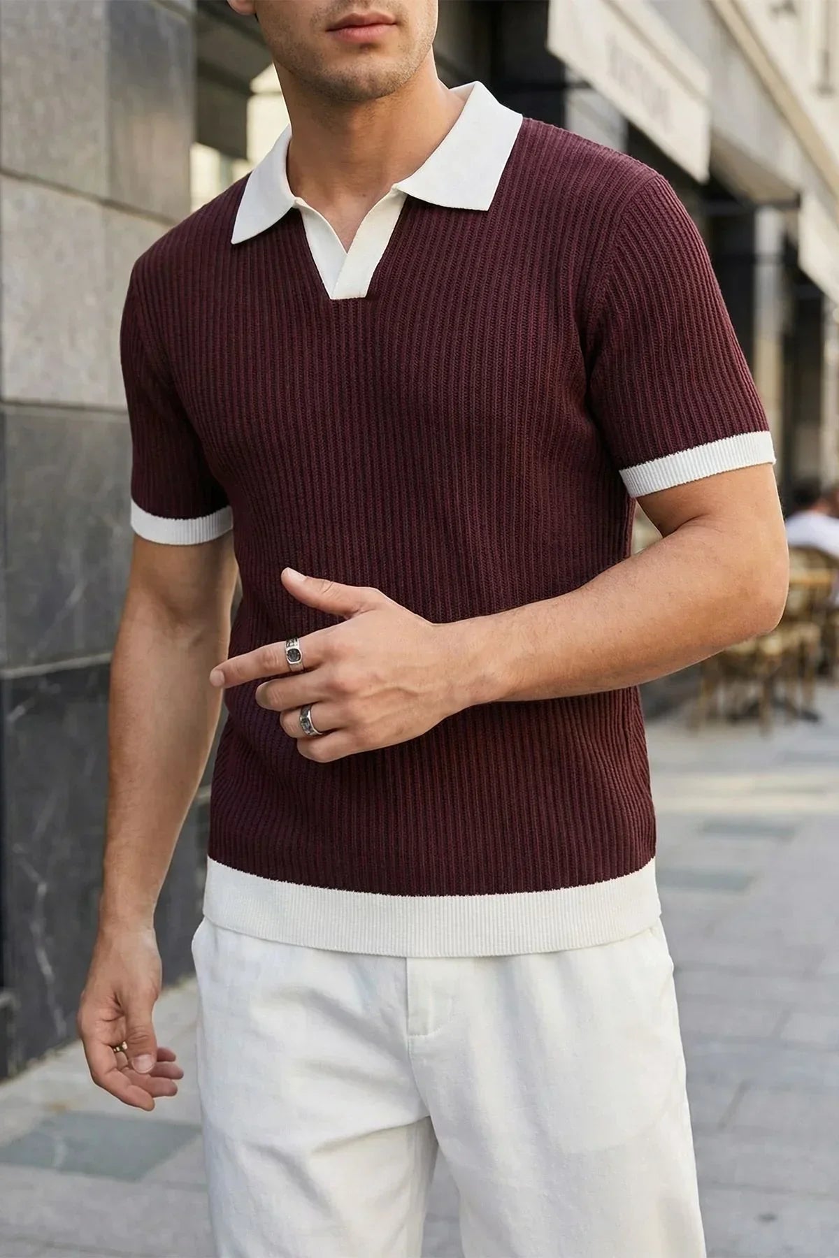 Köyten Regular Fit Erkek Kısa Kol Triko Polo Yaka Tişört Çizgili Dokulu - Livio Ferri