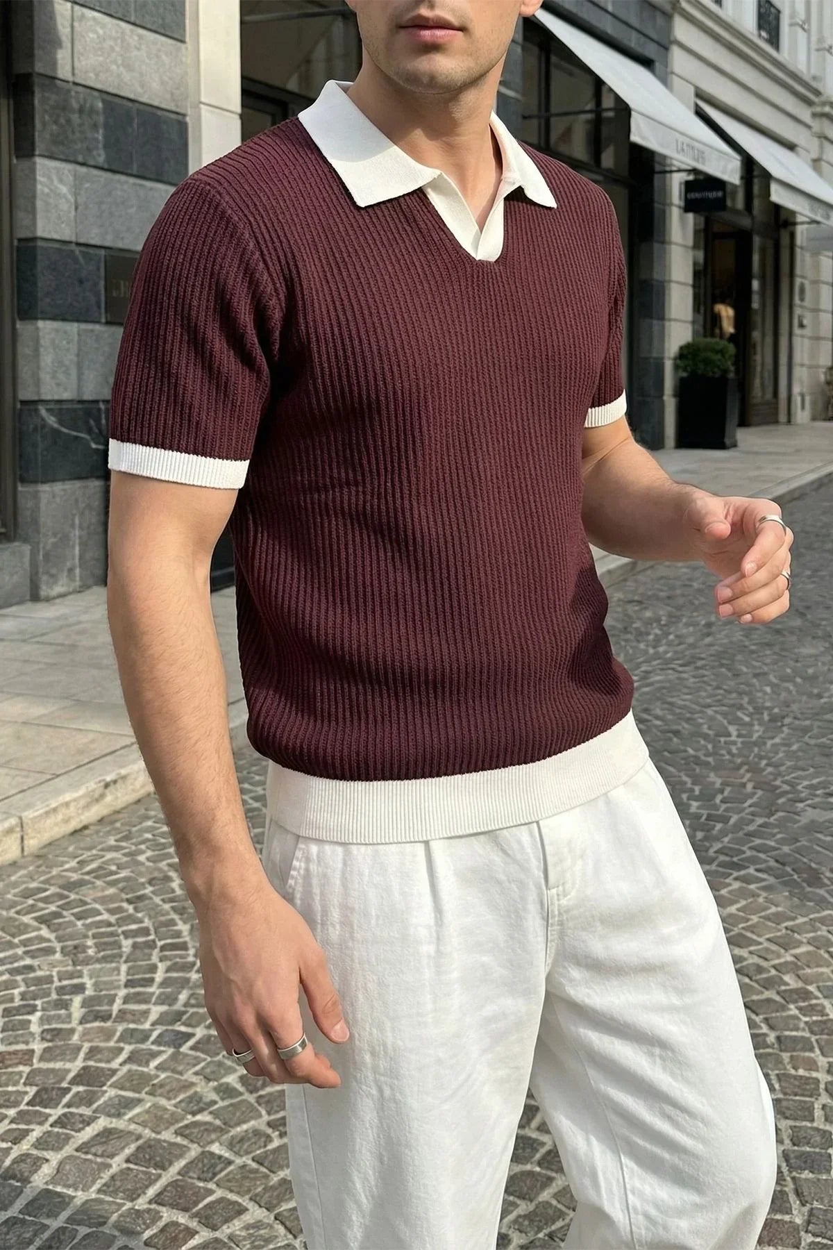 Köyten Regular Fit Erkek Kısa Kol Triko Polo Yaka Tişört Çizgili Dokulu - Livio Ferri