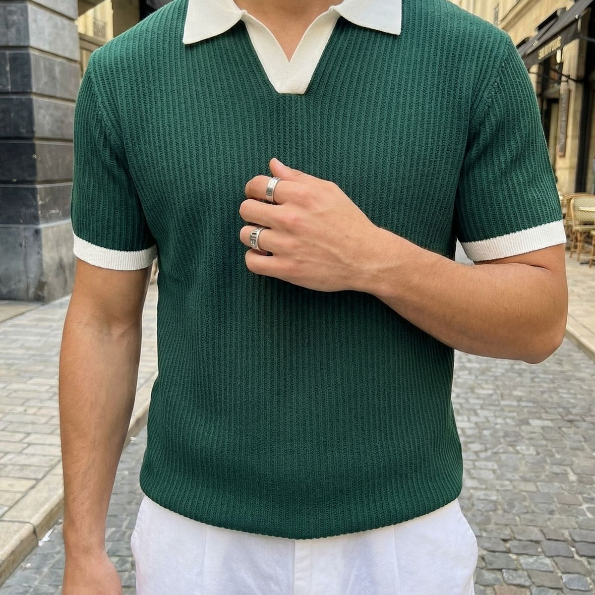 Köyten Regular Fit Erkek Kısa Kol Triko Polo Yaka Tişört Çizgili Dokulu