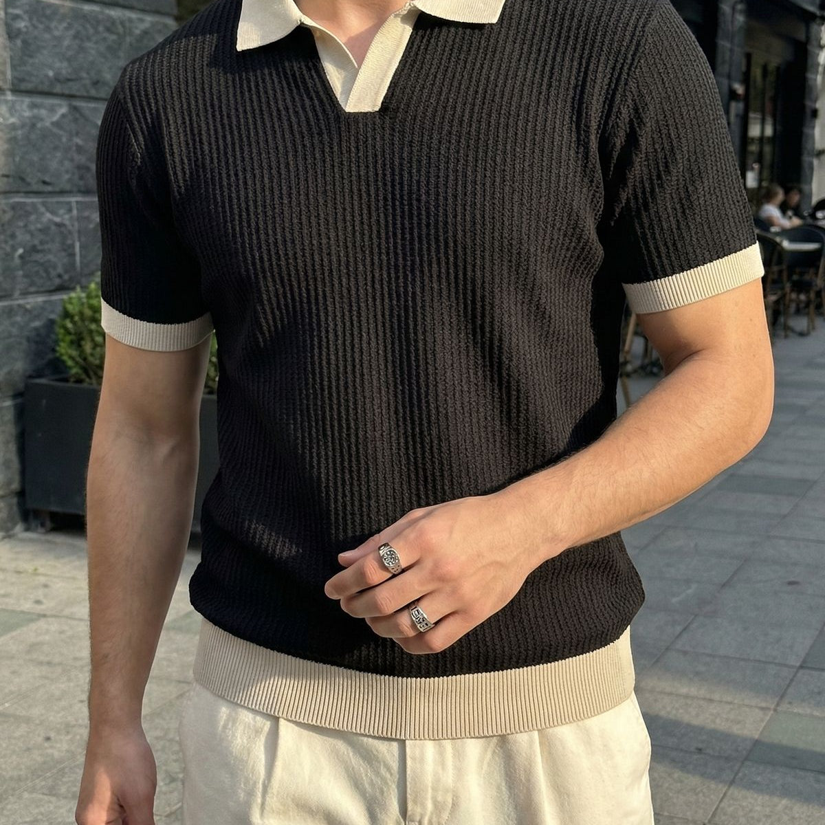 Köyten Regular Fit Erkek Kısa Kol Triko Polo Yaka Tişört Çizgili Dokulu