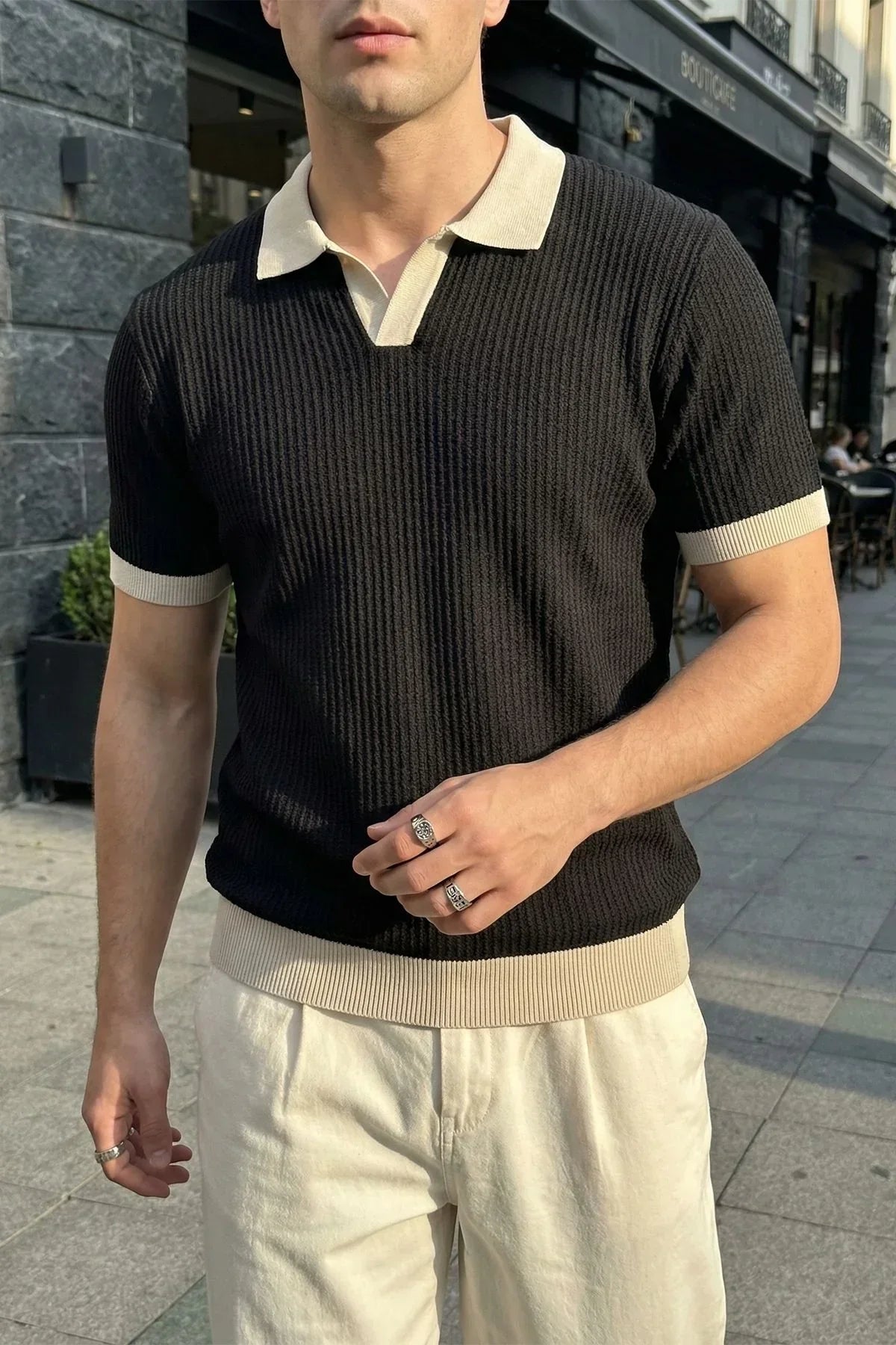 Köyten Regular Fit Erkek Kısa Kol Triko Polo Yaka Tişört Çizgili Dokulu - Livio Ferri