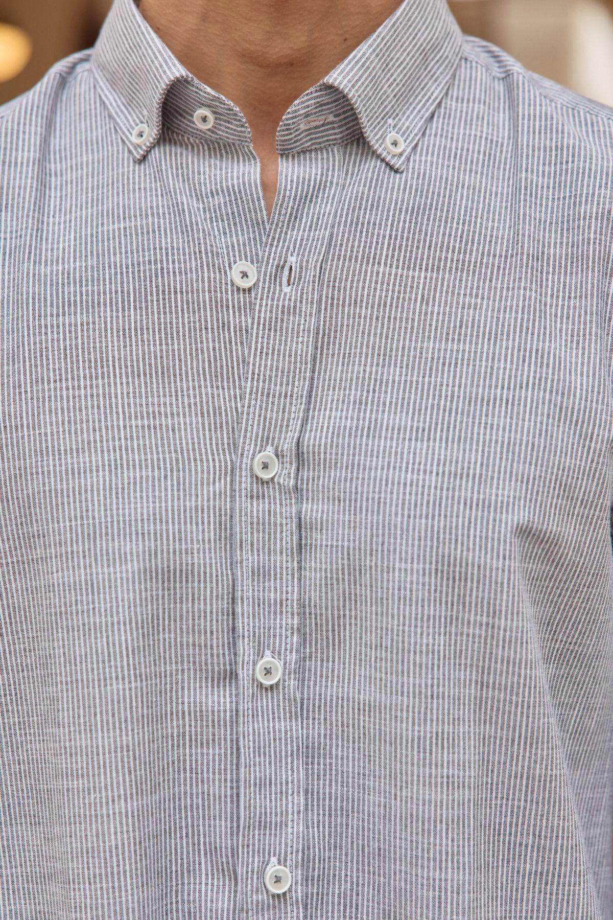 kure-erkek-gomlek-modern-slim-fit-keten-gorunumlu-ince-ve-sik-cizgili-doku-24235 - Livio Ferri