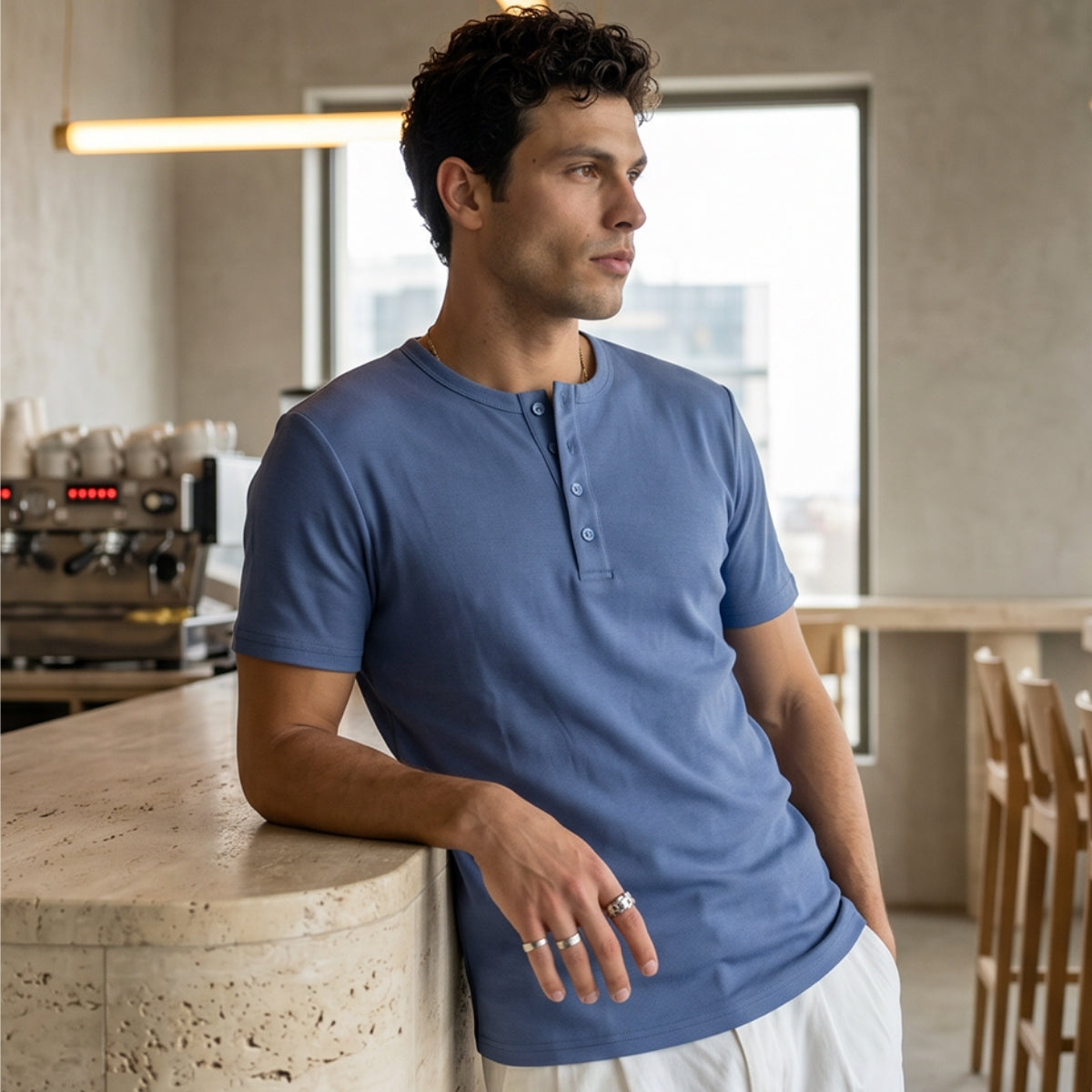 Liiri %100 Pamuk Premium Fitilli Henley Yaka Yarım Düğmeli Regular Fit Basic Yazlık Erkek Tişört