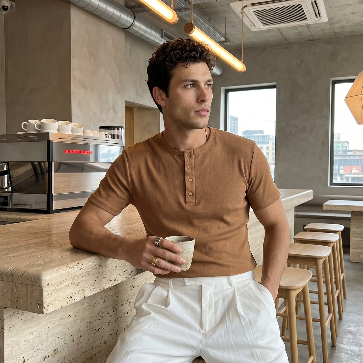 Liiri %100 Pamuk Premium Fitilli Henley Yaka Yarım Düğmeli Regular Fit Basic Yazlık Erkek Tişört