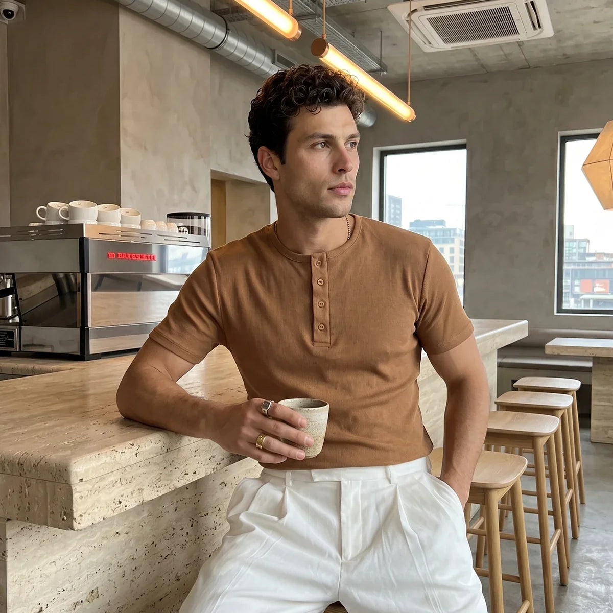 Liiri %100 Pamuk Premium Fitilli Henley Yaka Yarım Düğmeli Regular Fit Basic Yazlık Erkek Tişört