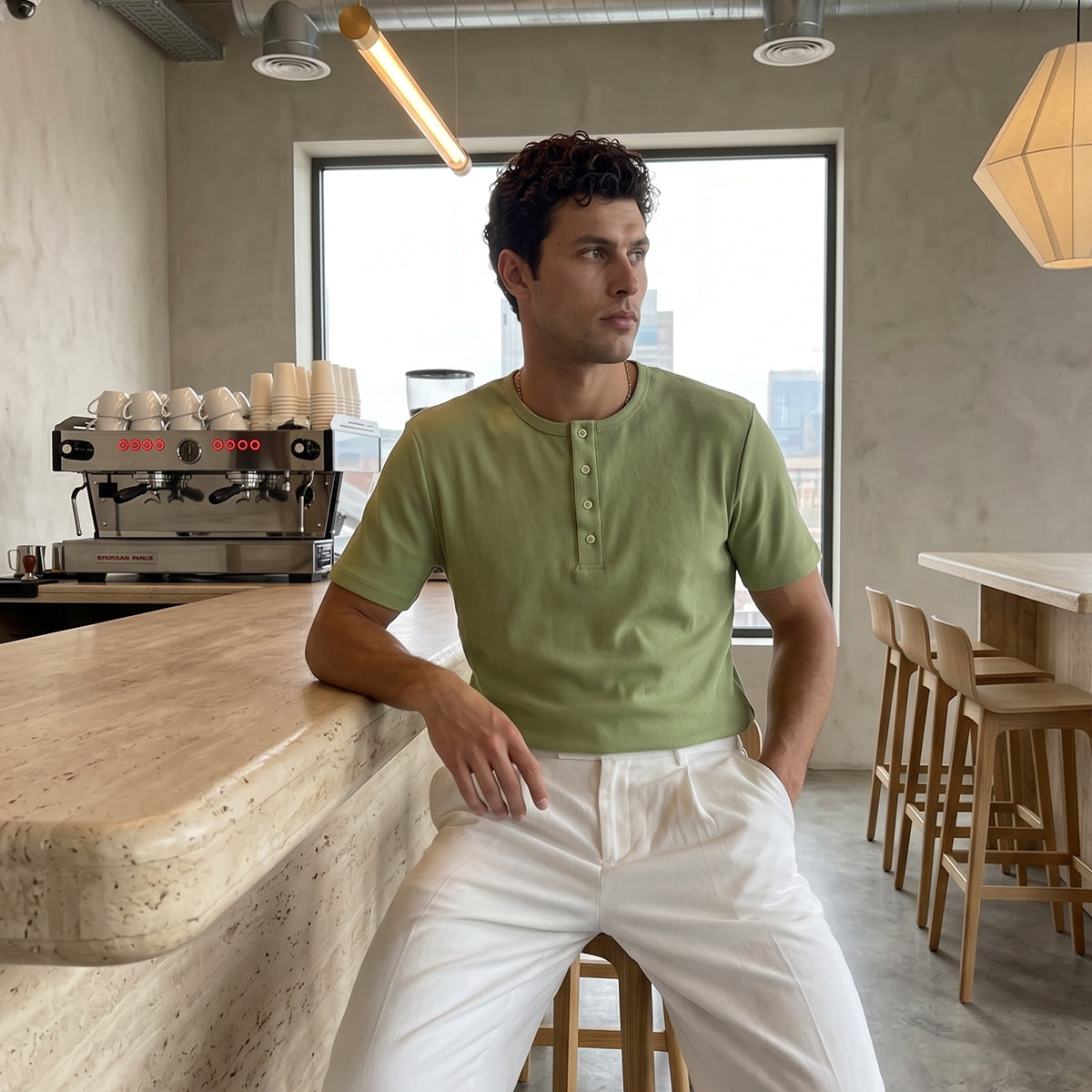 Liiri %100 Pamuk Premium Fitilli Henley Yaka Yarım Düğmeli Regular Fit Basic Yazlık Erkek Tişört