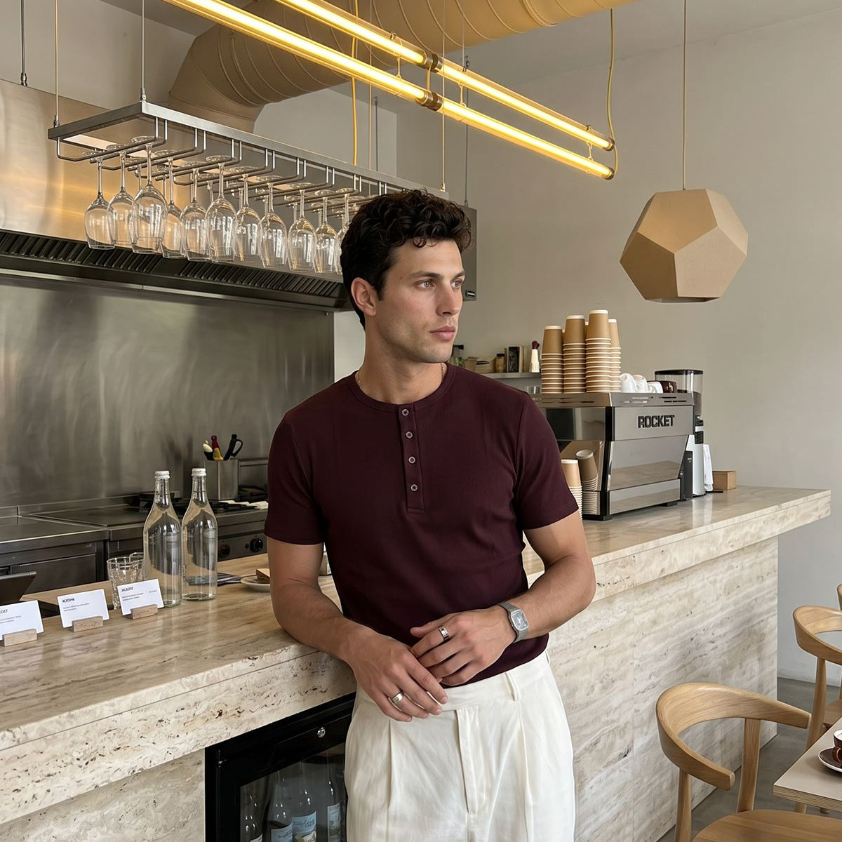 Liiri %100 Pamuk Premium Fitilli Henley Yaka Yarım Düğmeli Regular Fit Basic Yazlık Erkek Tişört