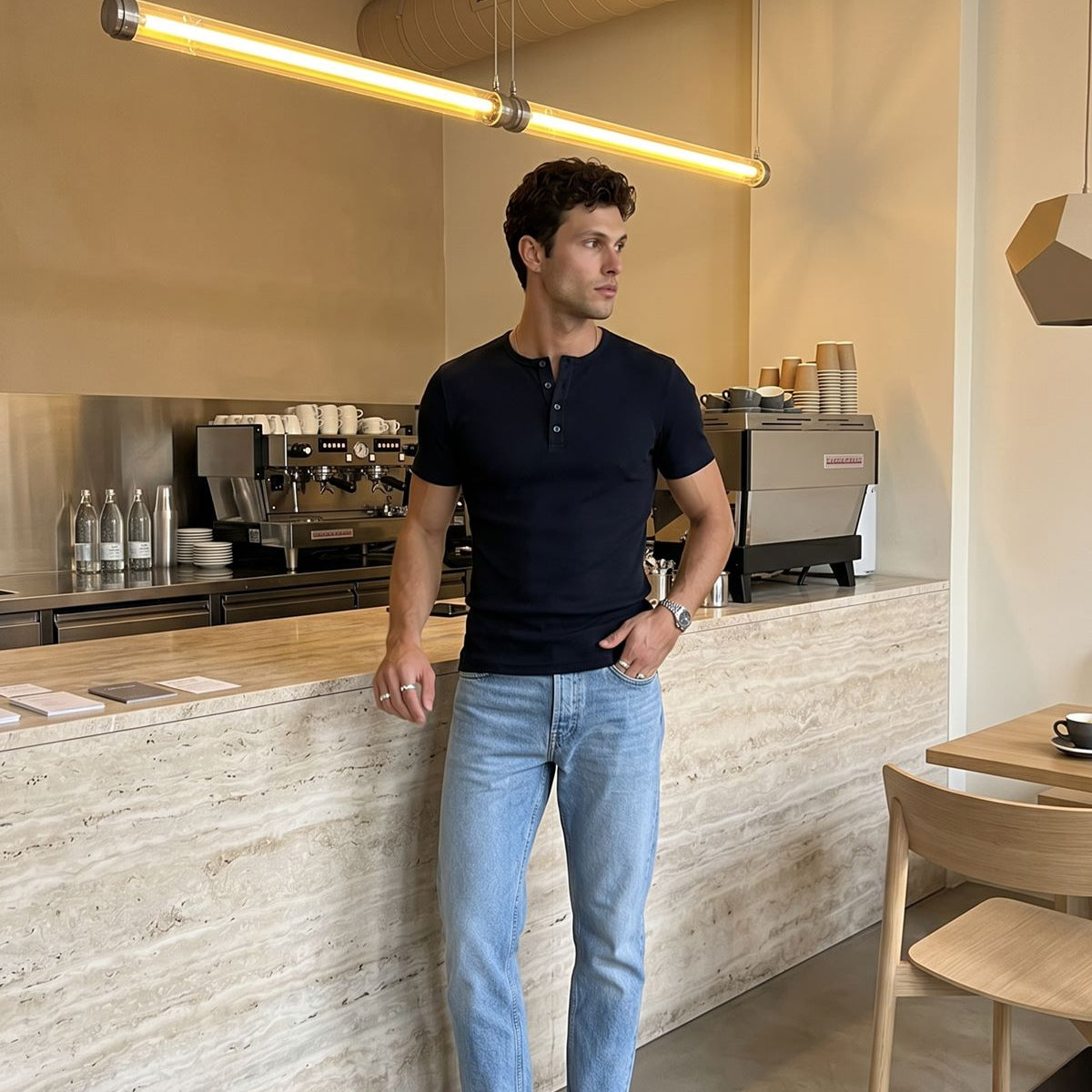 Liiri %100 Pamuk Premium Fitilli Henley Yaka Yarım Düğmeli Regular Fit Basic Yazlık Erkek Tişört